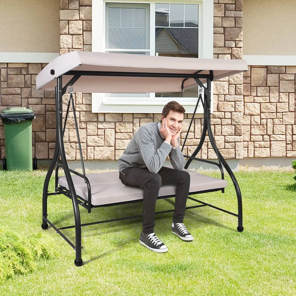 Costway Garden Patio Swing Chair 3 Seater Hammock Bench Convertible Canopy Cushion Seats in Beige 2