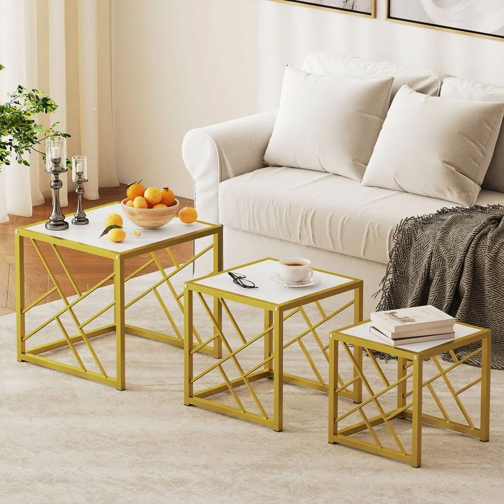 HOMCOM Set of 3 Nesting Coffee Tables Square End Tables w/ Metal Frame White