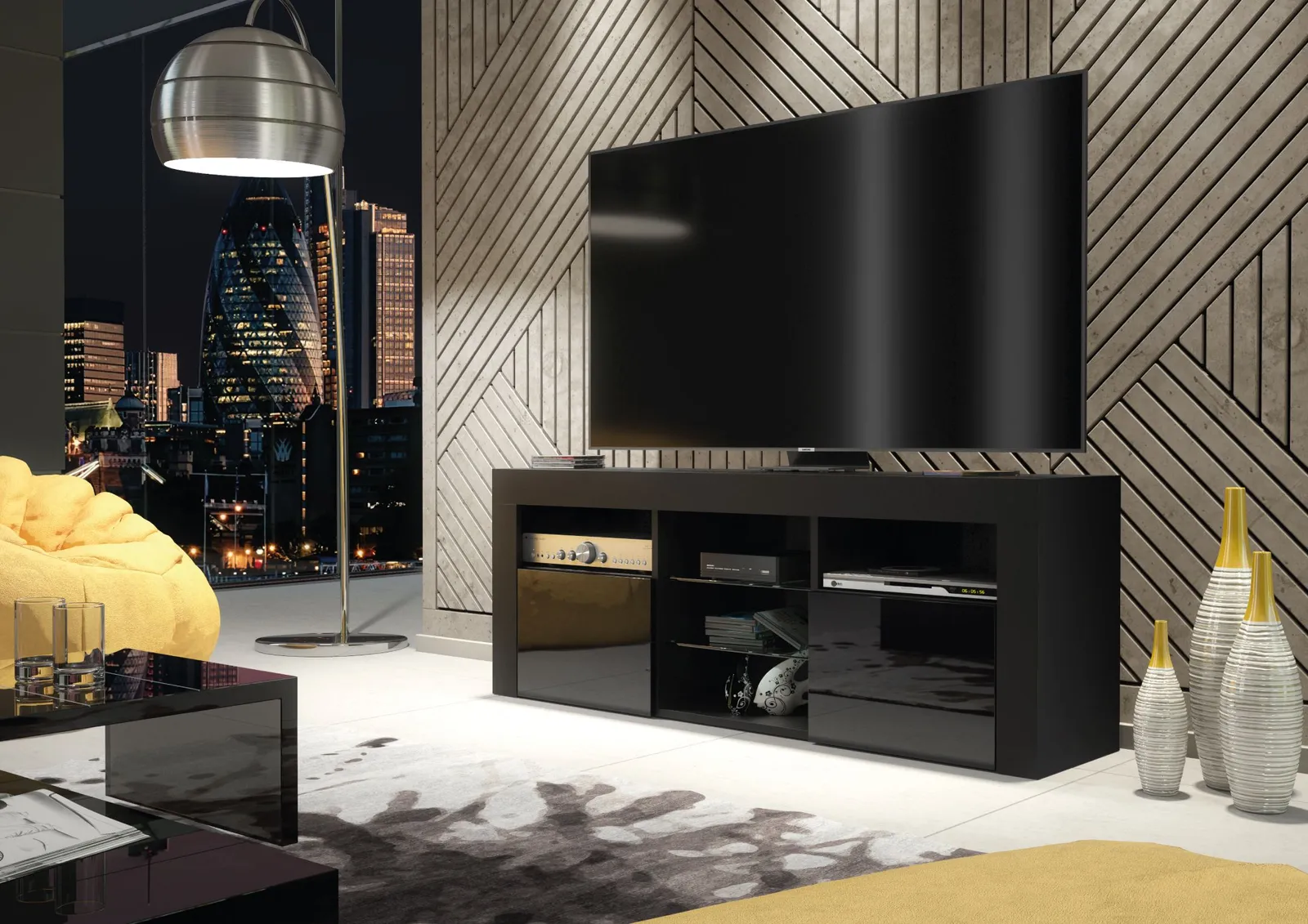 Creative Furniture Pulse TV Unit 145cm - A Stylish & Practical Cabinet with Gloss Doors & LED Lights in Black 6