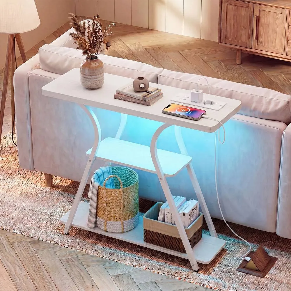 Costway Console Table w/ LED Lights & Power Outlets 3-Tier Entryway Table in White 3