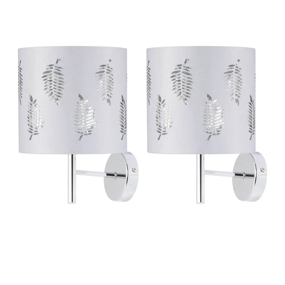 First Choice Lighting Set of 2 Brea - Chrome Wall Lights with White Fern Shades in Silver