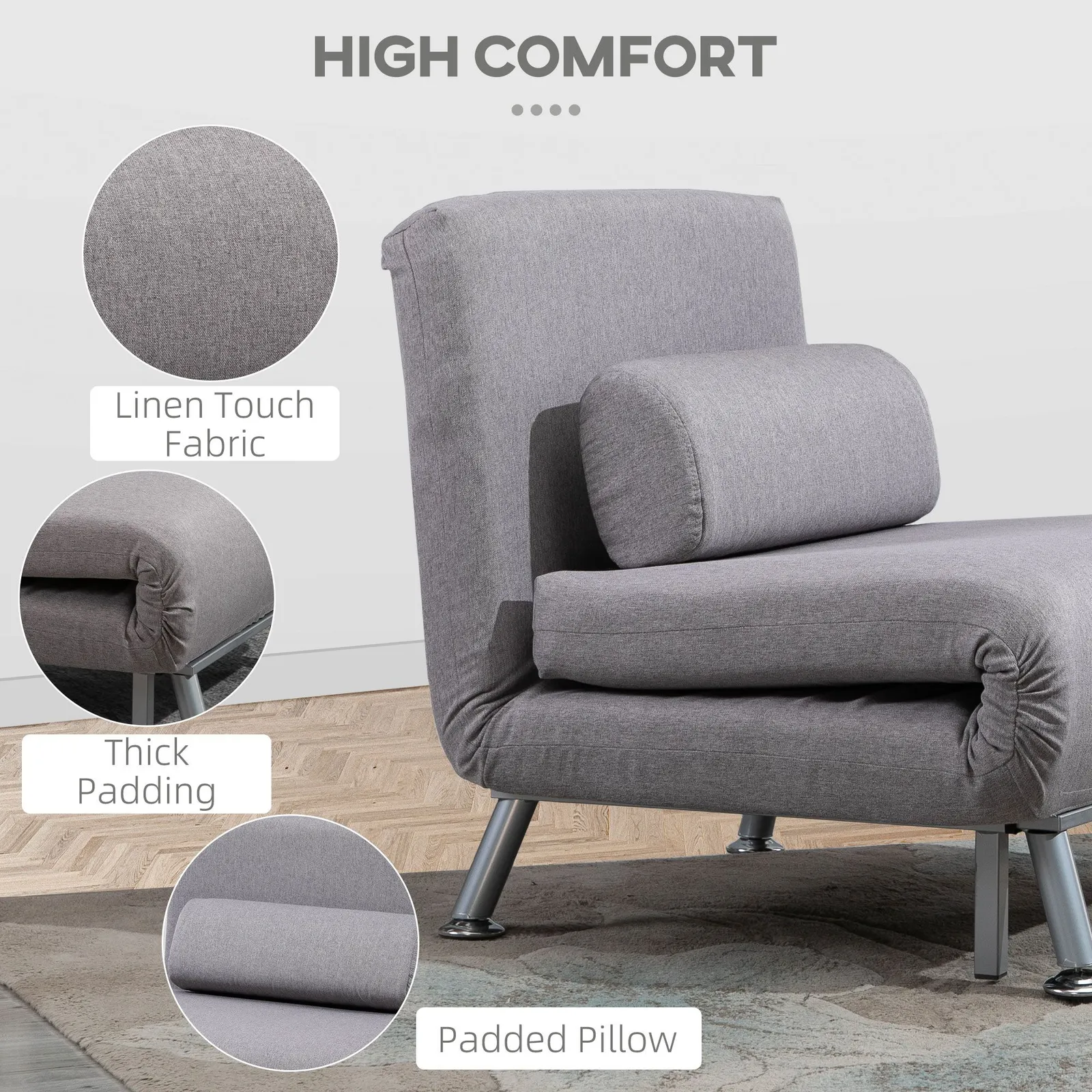 HOMCOM Single Folding 5 Position Convertible Sleeper Chair Sofa Bed in Dark Grey 5