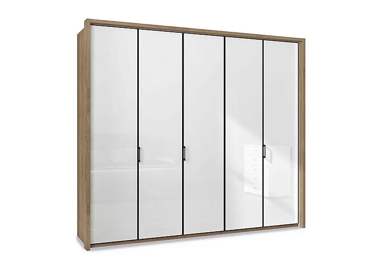 Dallas 257cm 5 Door Hinged Glass Wardrobe - Bianco Oak and White