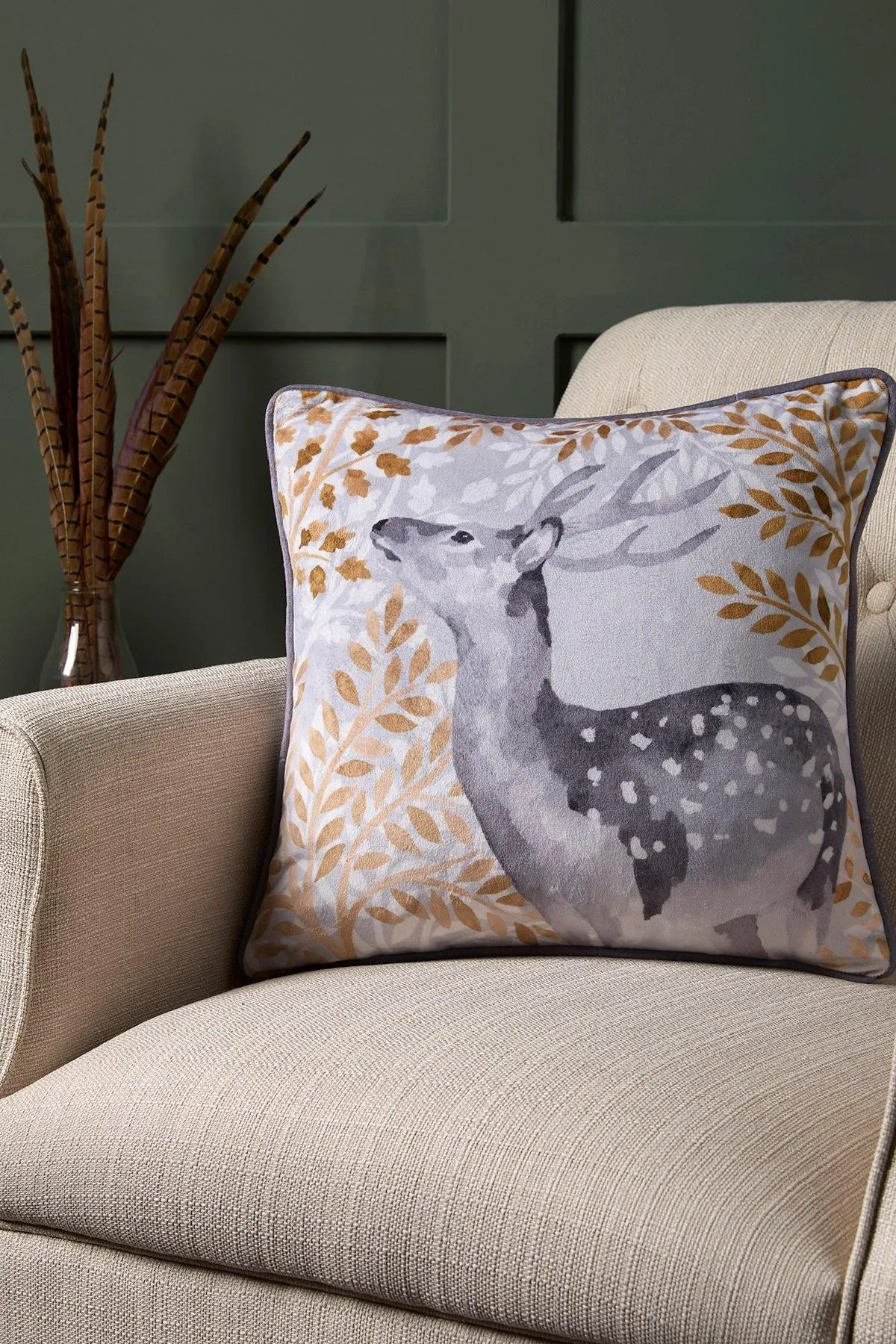 Dreams & Drapes 'Forest Animals' Deer Print Velvet Filled Cushion in Grey 1