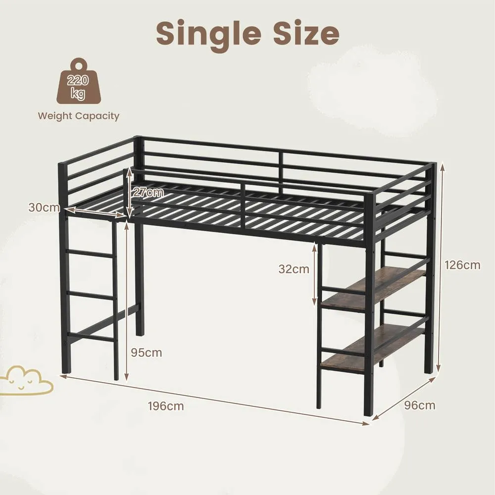 Costway Single Size Metal Loft Bed w/Storage Shelves No Box Spring Needed in Brown 2