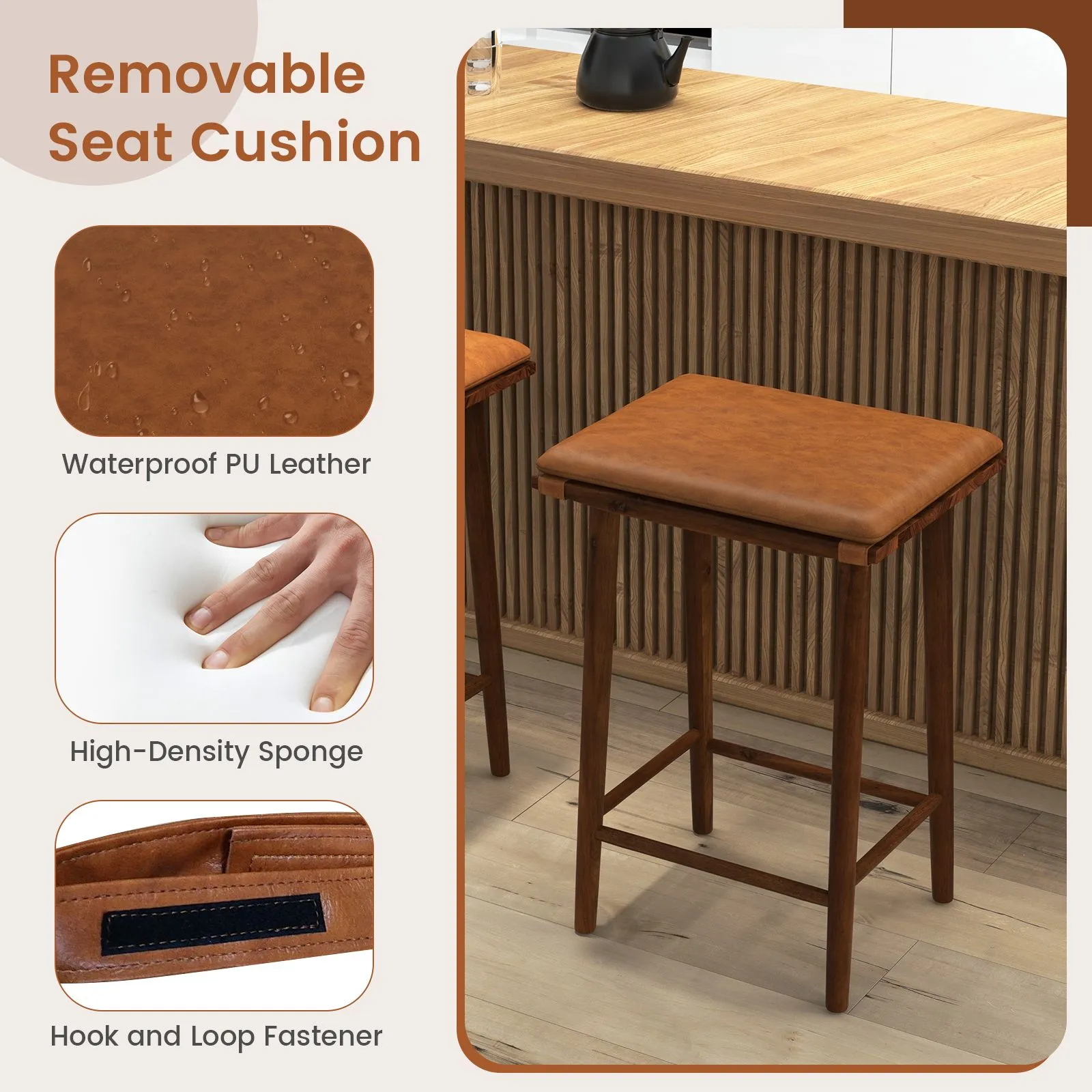 Costway Set of 2 Bar Stools Counter Height Stools Saddle Seat Stool with Solid Wood Legs in Brown 5