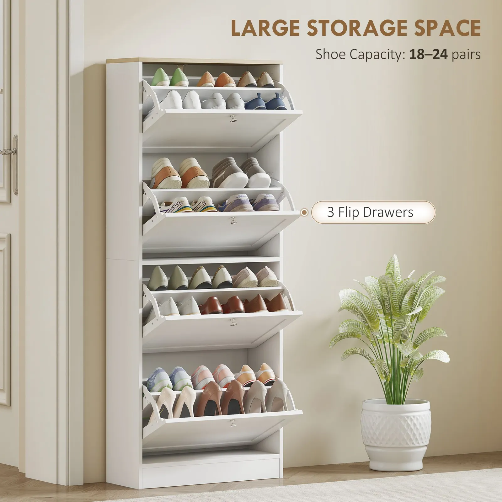HOMCOM Narrow Shoe Cabinet w/ 3 Flip Drawers for 12-18 Pairs of Shoes White 4