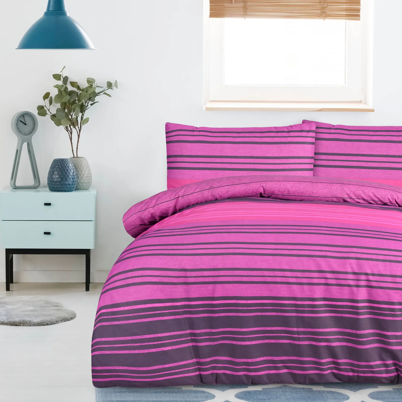 Smart Living Printed Reversible Polycotton Textured Stripe Duvet Cover With Pillowcases in Purple