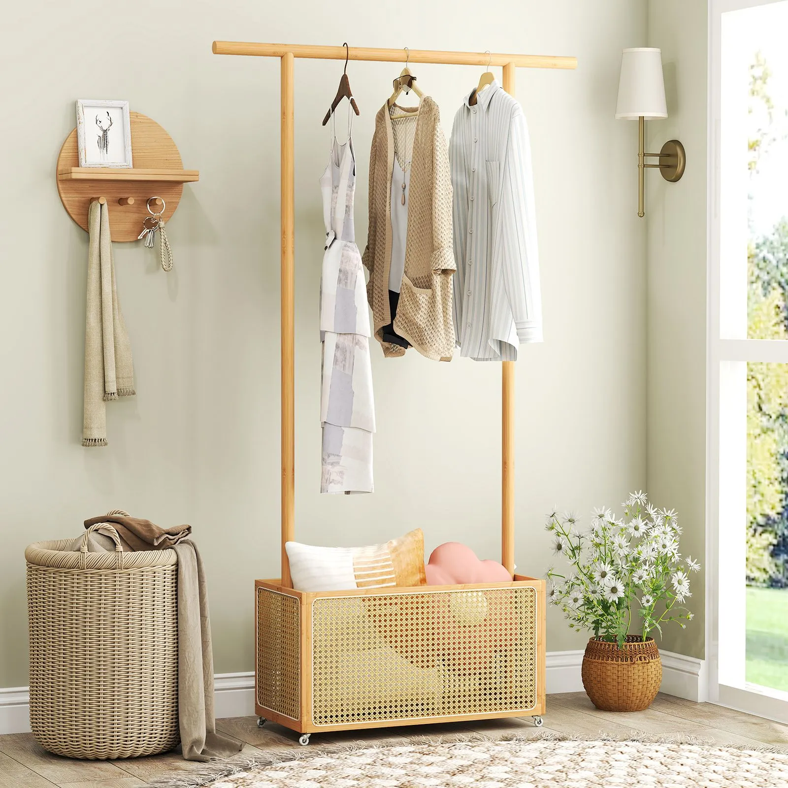 Costway Bamboo Clothes Rack Coat Hanger Stand with Rattan Storage Basket in Natural 5