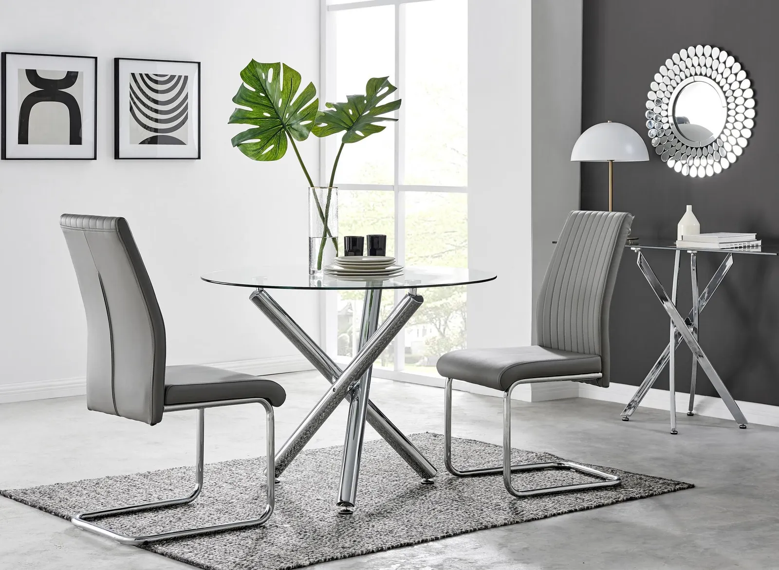 FurnitureboxUK Selina Round Glass & Chrome Metal Dining Table & Lorenzo Chairs Set in Grey 1