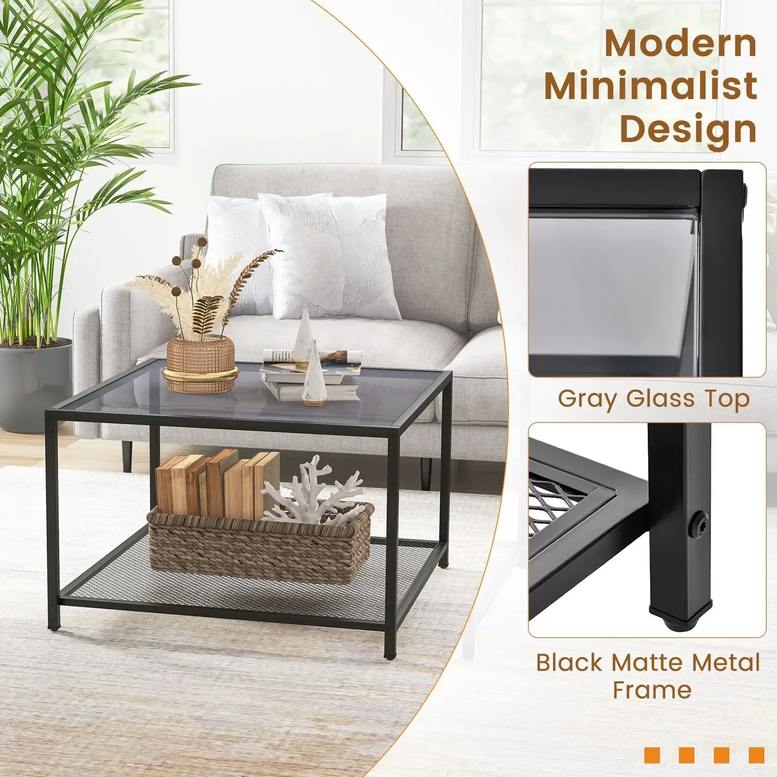 Costway Modern Glass Top Coffee Table Home Square Center Table Accent Sofa Side Table in Grey 6