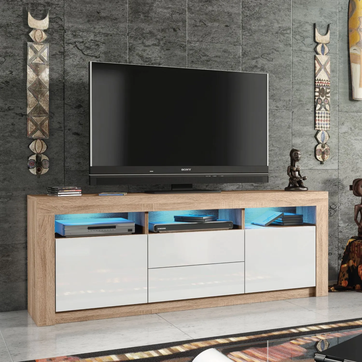 Creative Furniture Shine TV Unit 160cm - A Bright & Stylish Cabinet with Gloss Doors & LED Lights in Light Oak