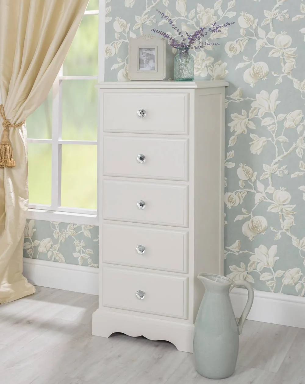 Statement Furniture Romance 5 Drawer Tallboy with Crystal Handles in Light Grey 2