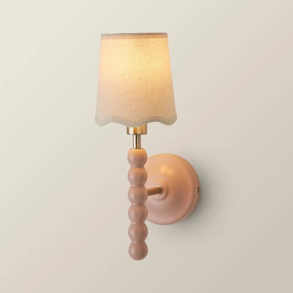 ValueLights Bobbins Pastel Bobble Wall Light & Natural Linen Trim Lamp Shade in Pale Pink 3