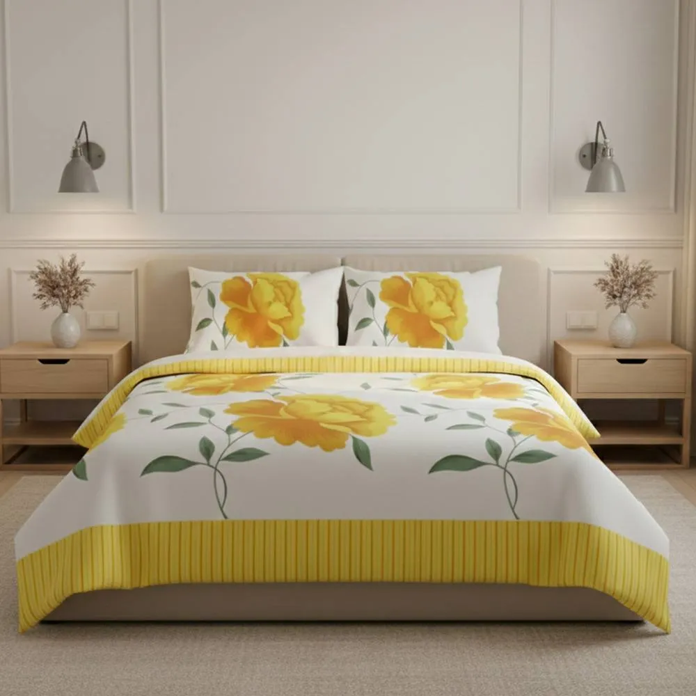 Snug City Reversible Floral Duvet Set Elegant Flower Stripe Pattern Bedding in Yellow