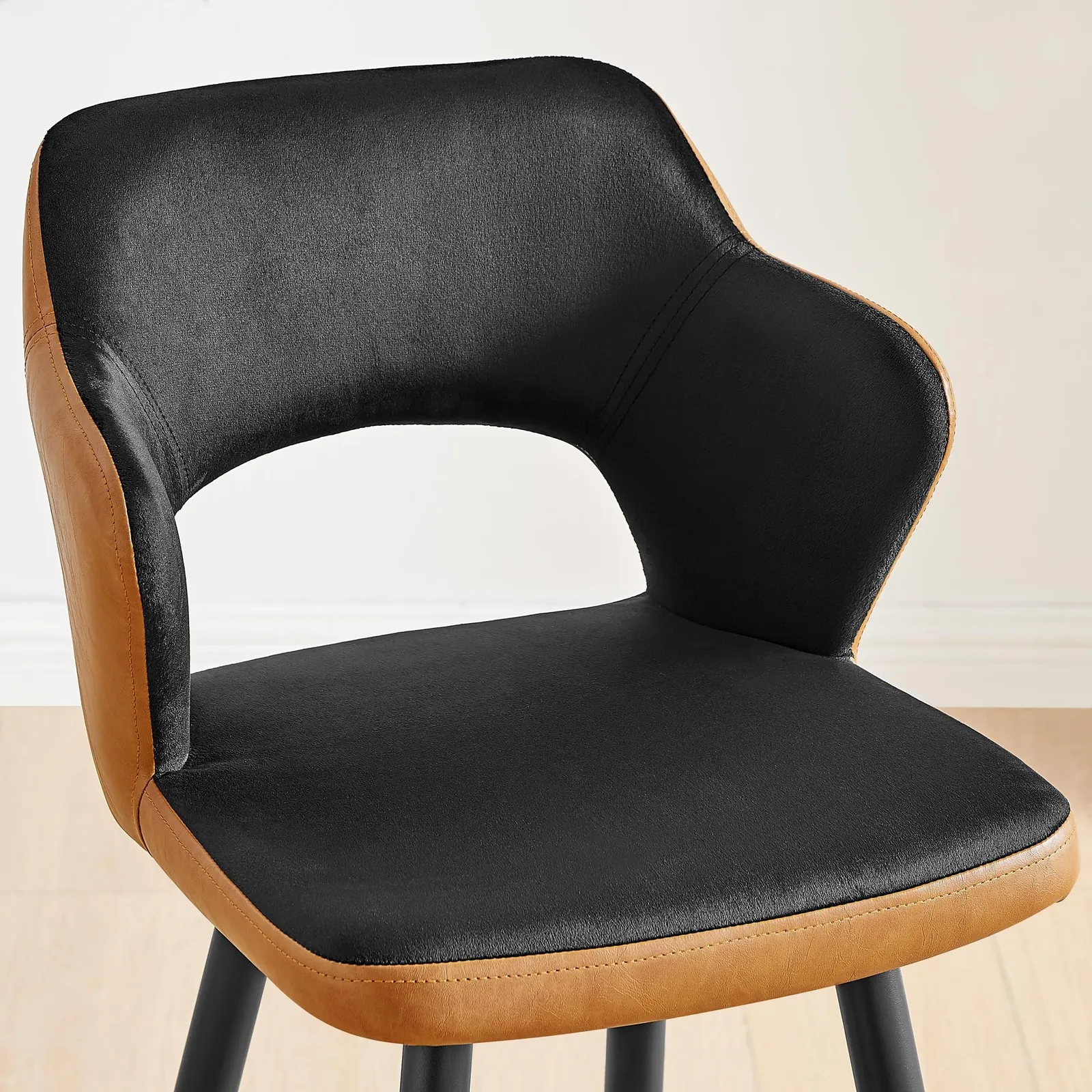 FurnitureboxUK Kai 2x Black Velvet Tan Faux Leather Black Leg Counter Stools 3