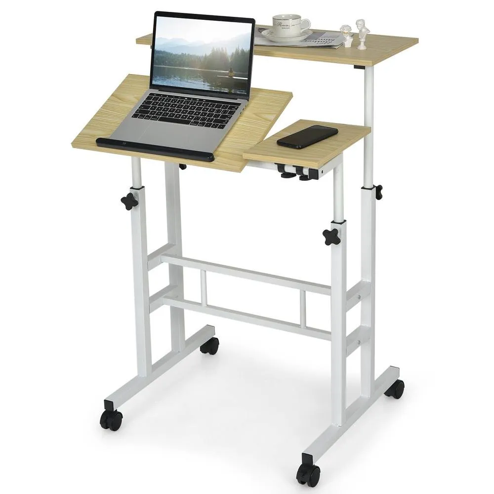 Costway Mobile Standing Desk Laptop Cart Port Height Workstation in Brown