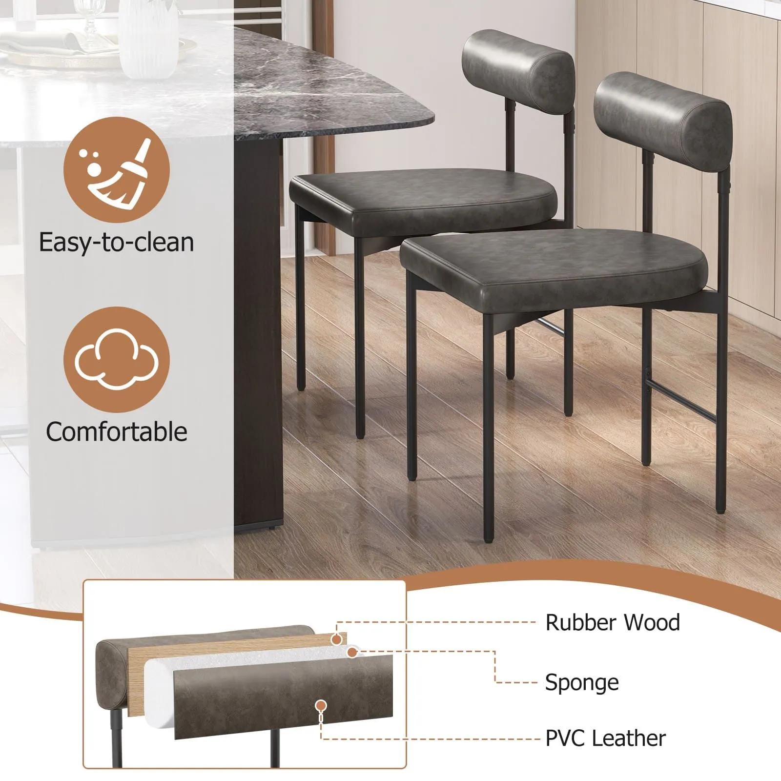 Costway Dining Chair Set of 2 Faux Leather Upholstered Kitchen Side Chair in Grey 6