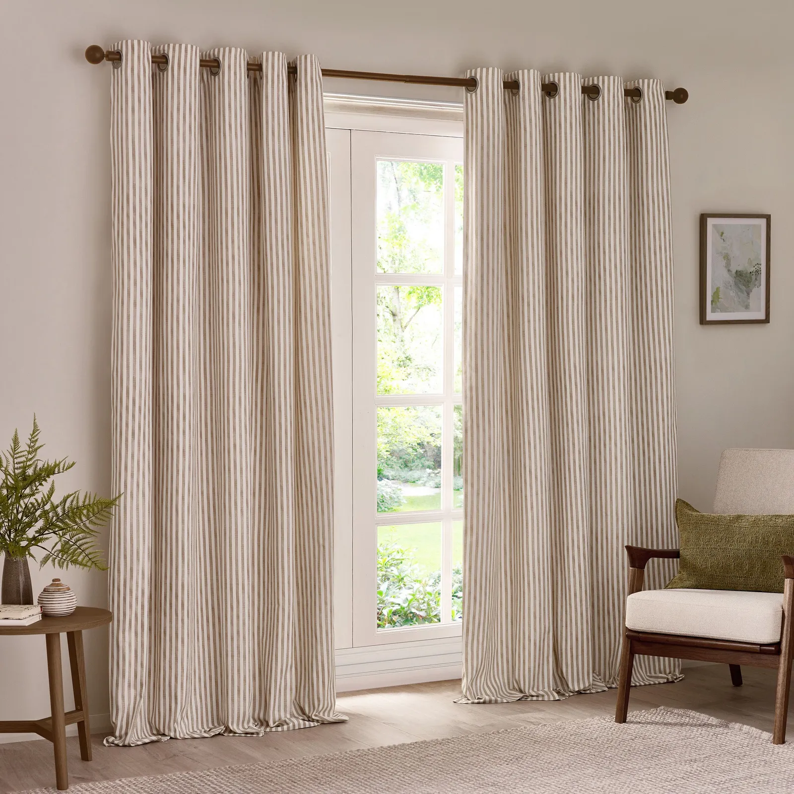 Yard Hebden Striped 100% Cotton Lined Eyelet Curtain Pair in Natural 2