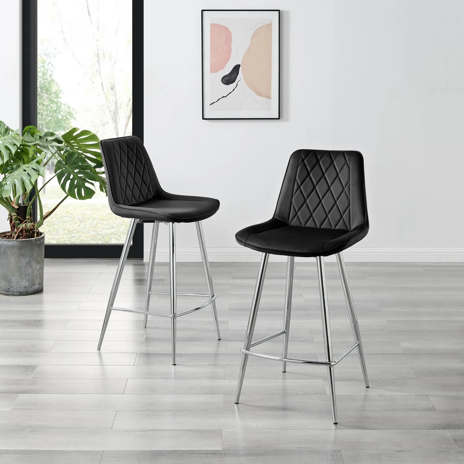FurnitureboxUK Pesaro Set of 2 Velvet Silver Legs Counter Stools in Black 2