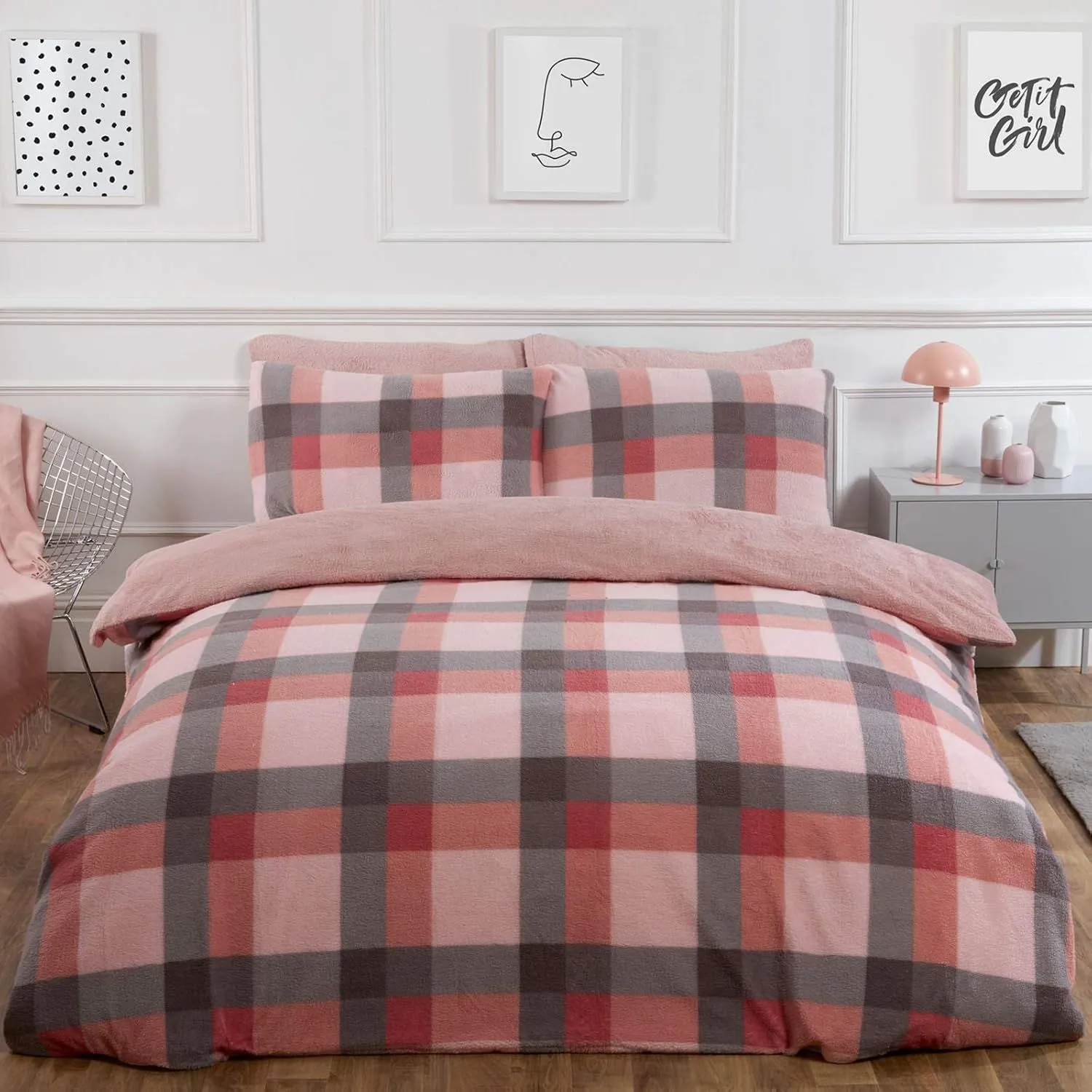 OHS Check Teddy Duvet Cover with Pillowcase Set in Light Pink