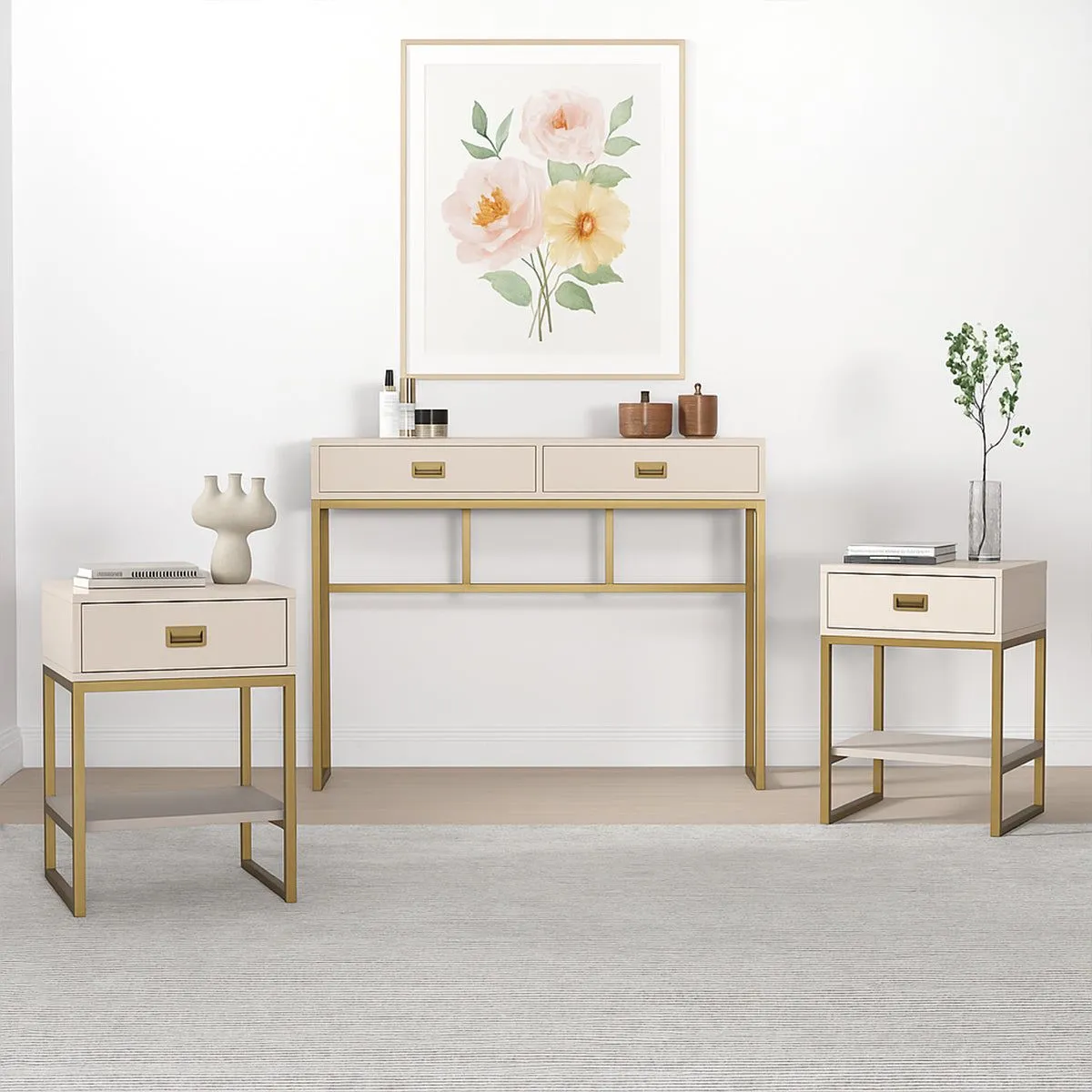 Melody Maison Large 2 Drawer Dressing Table & Pair Of Bedside Tables - Elle Stone Range in Beige