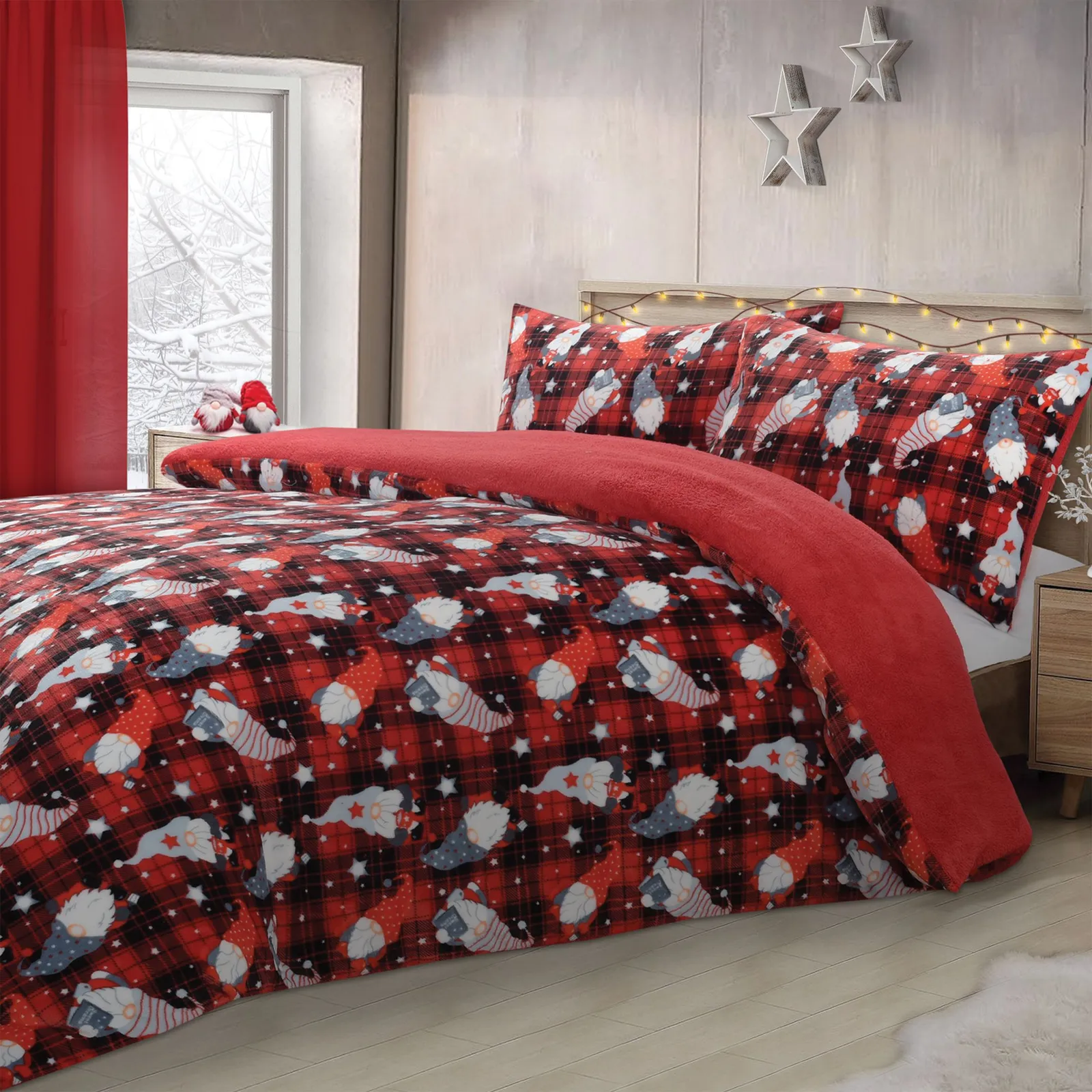 Velosso Gonks Check Flannel Cotton Rich Printed Duvet Cover & Pillowcase Set in Red
