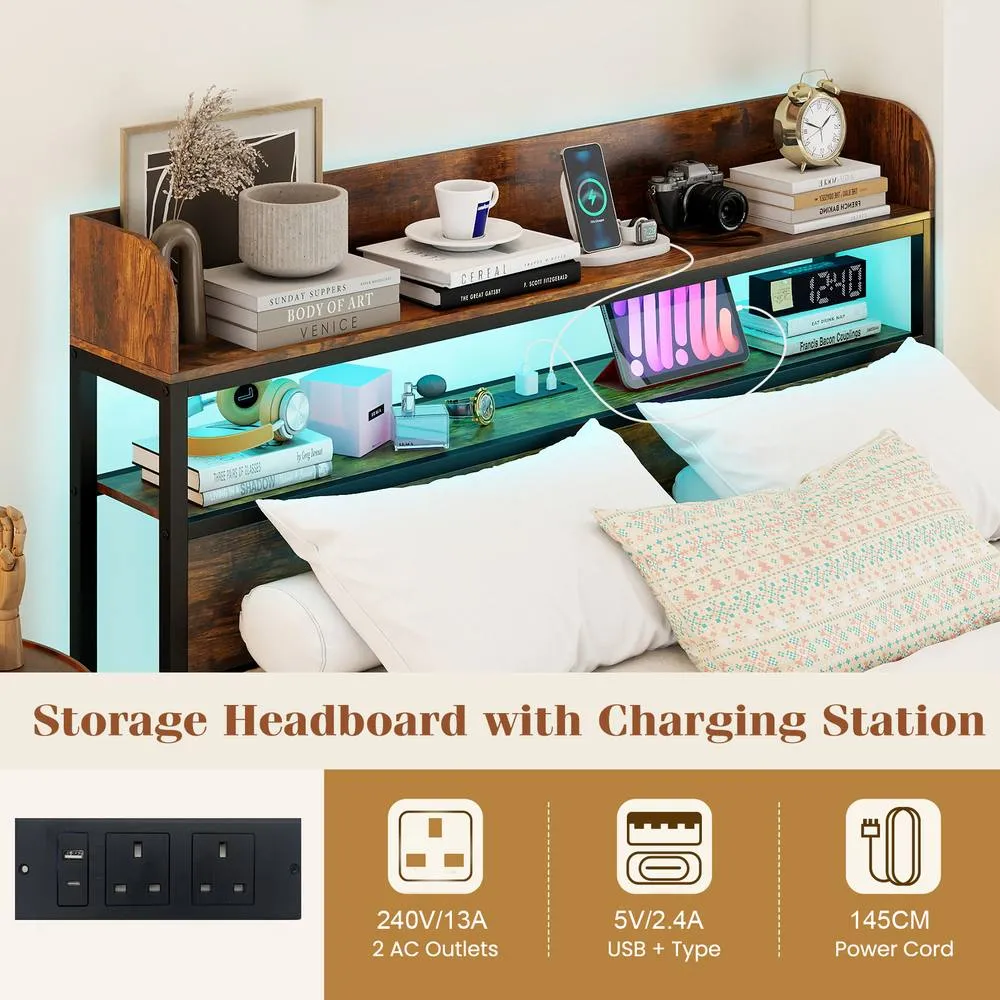 Costway Double Bed Frame w/LED Lights & Power Outlets Platform Bed w/Headboard in Brown 4