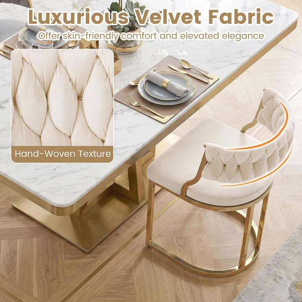 Costway 2PCS Velvet Dining Chairs Modern Woven Upholstered Accent Chairs in White 6
