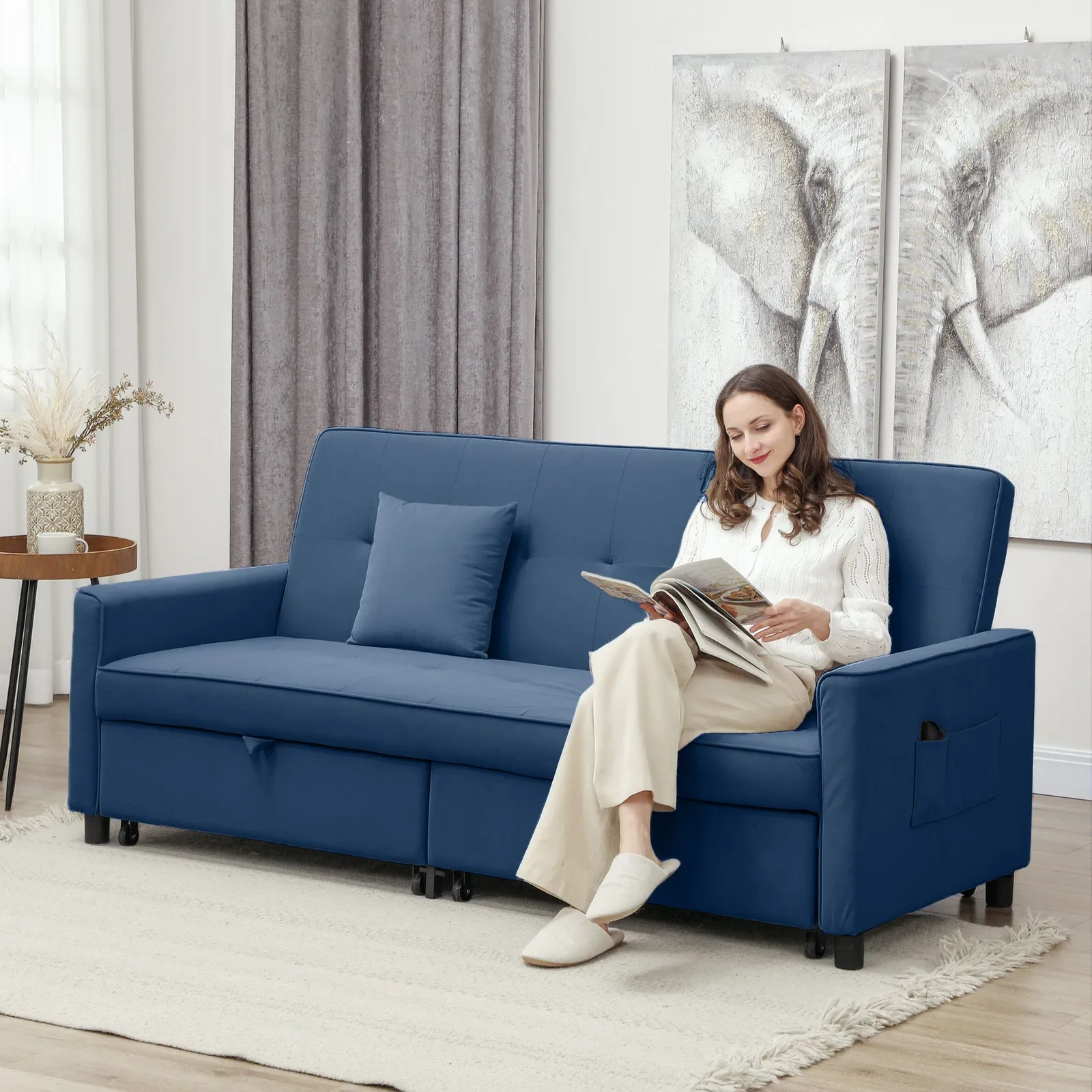 HOMCOM Reversible L-Shaped Sectional Sofa Bed with Cushions in Blue