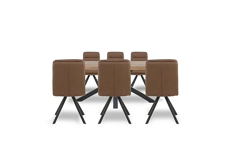 Njord 160cm Compact Raw Edge Dining Table with Metal Star Base and 6 Tan Faux Leather Swivel Chairs - Old Bassano