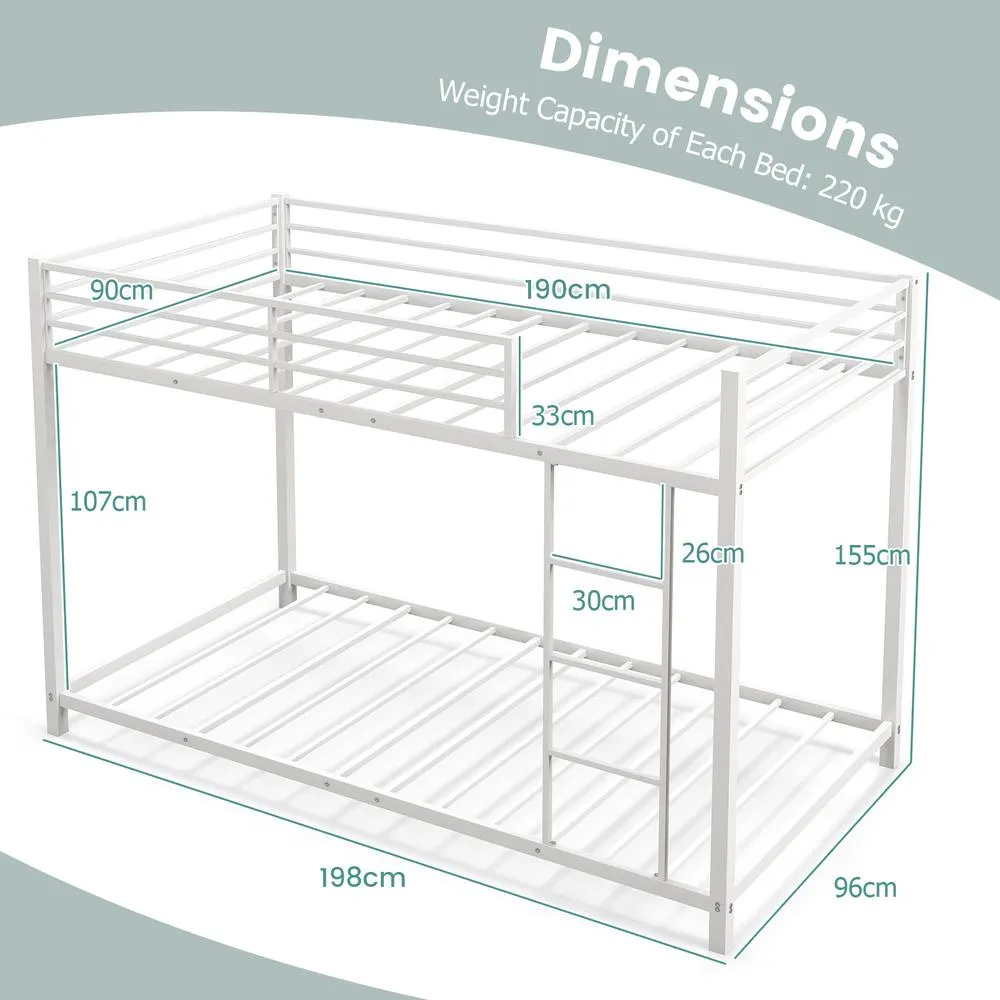 Costway Single Metal Bunk Bed Floor Bed Frame w/Ladder &Full-length Guardrails in White 2