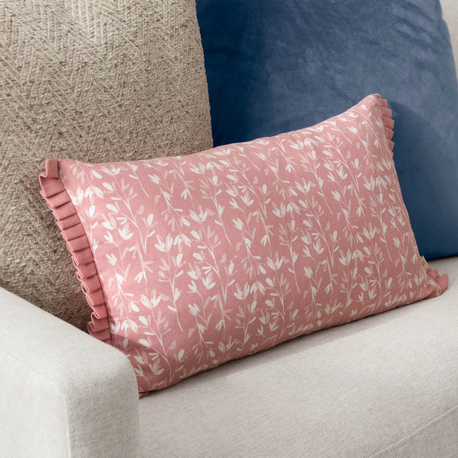 Wylder Belle 100% Cotton Botanical Pleat Fringe Cushion in Light Pink