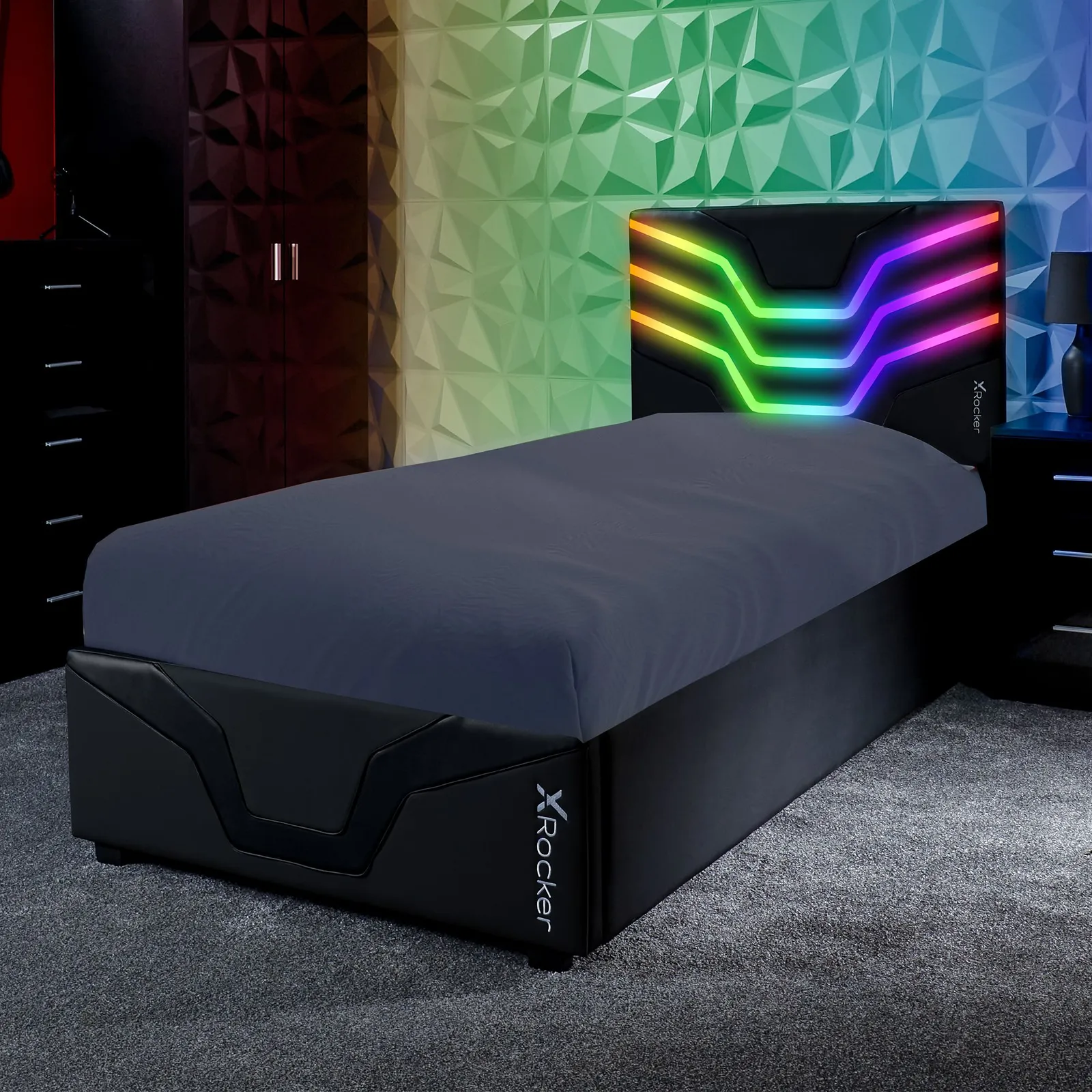 X Rocker Cosmos Ottoman Bed with LED Lighting, Storage & Mattress in Black