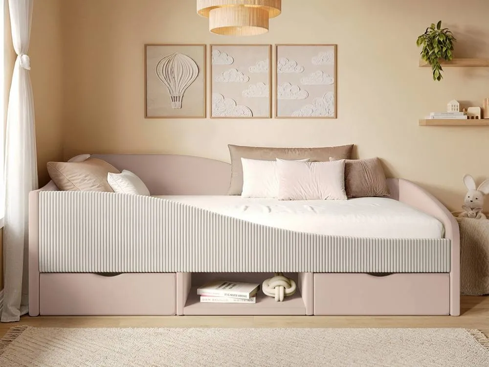 Flair Aubrey Velvet Storage Low Sleeper Bed with Beige Cord in Pink 2
