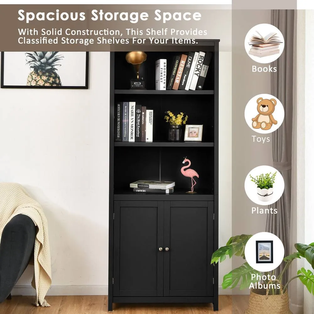 Costway Wooden Tall Bookcase 3-Tier Shelving Storage Cabinet 2 Doors Display Organizer in Black 6