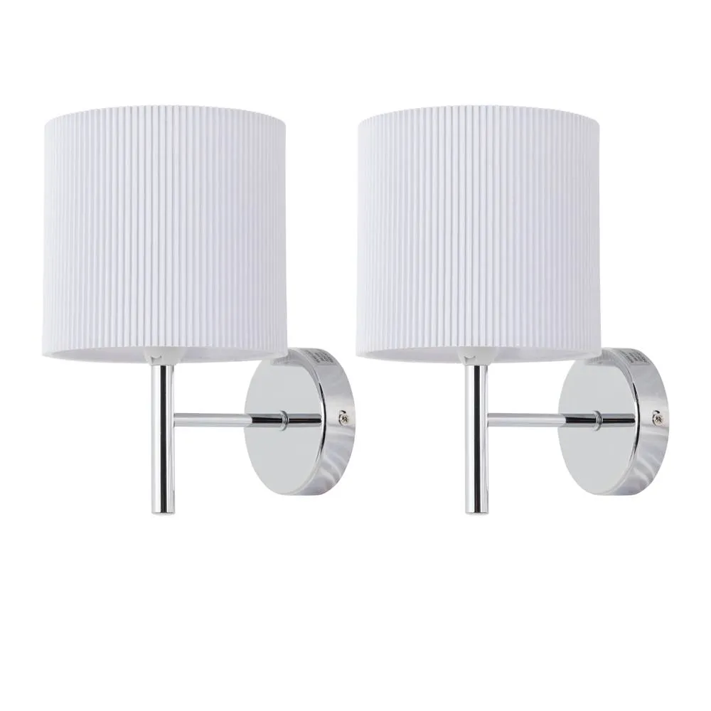First Choice Lighting Set of 2 Brea - Chrome Wall Lights with White Pleated Shade in Silver