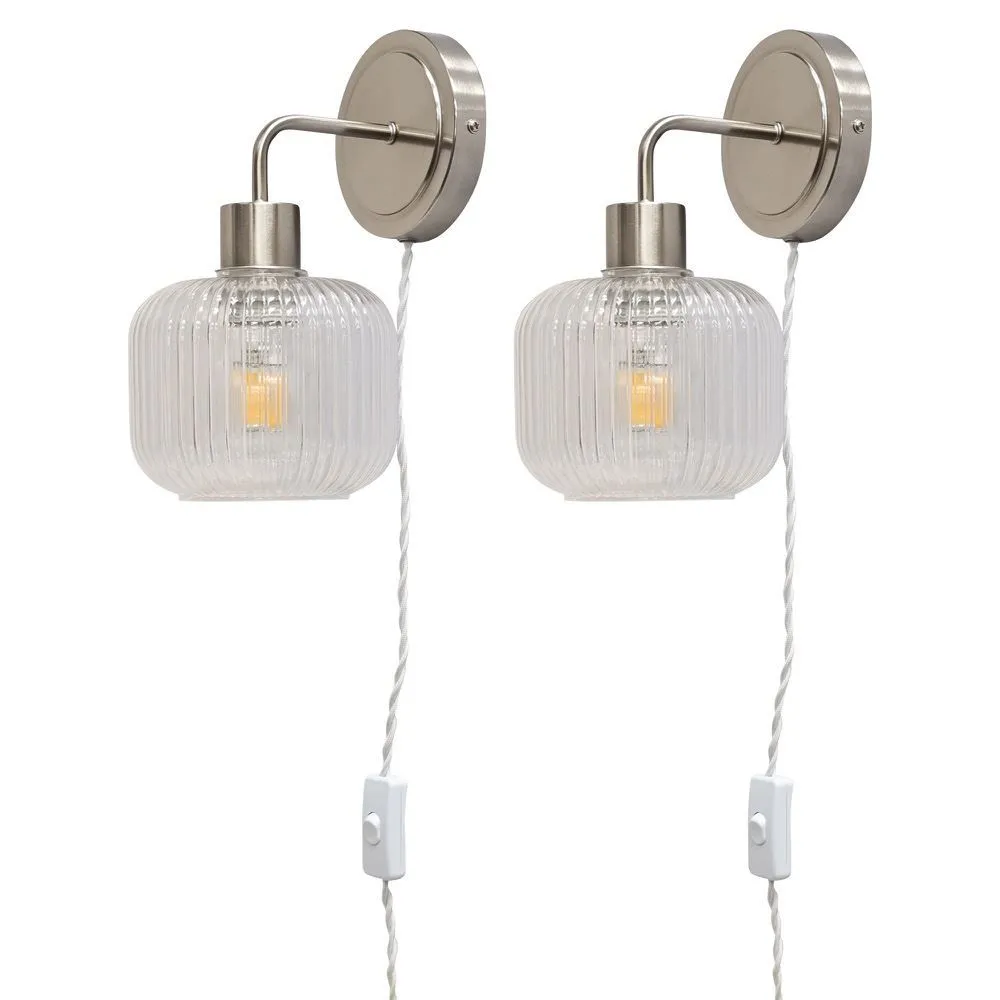 First Choice Lighting Set of 2 Toby - Satin Nickel Plug in Wall Lights Ribbed Glass Shades in Silver