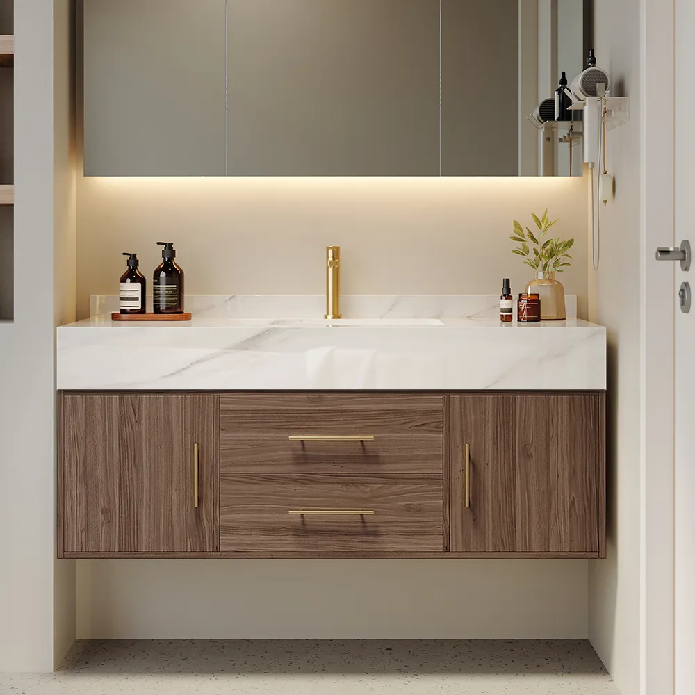 100 cm Walnut Floating Bathroom Vanity Set Stone Top Wall Mounted Bathroom Cabinet
