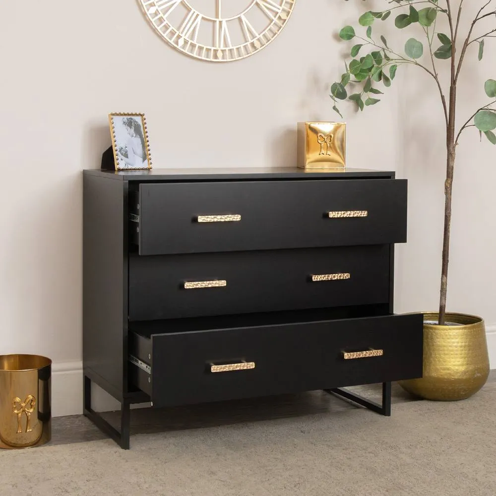 Melody Maison Black 3 Drawer Chest Of Drawers - Luna Black Range 6
