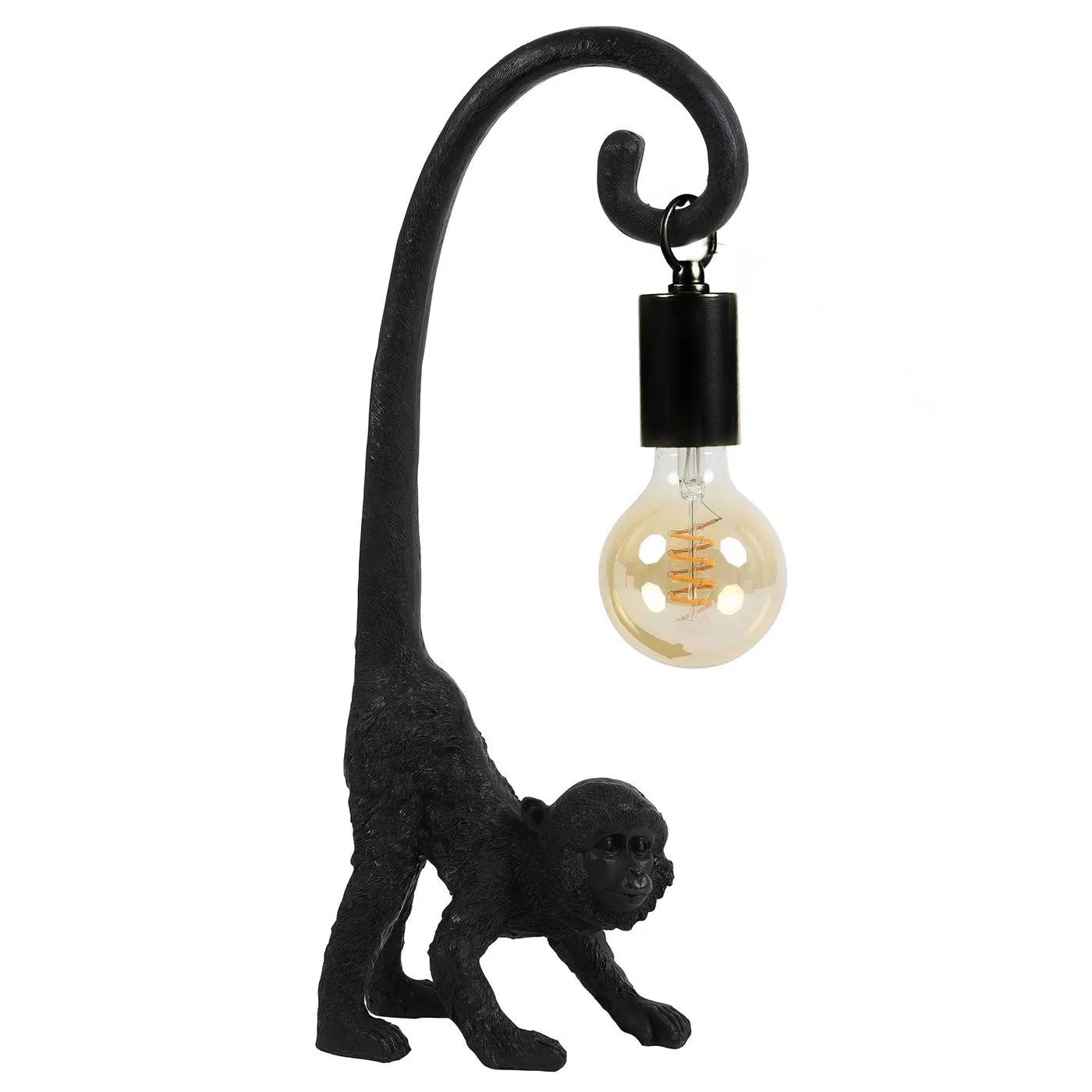Monkey Table Lamp with Hanging Bulb, Black