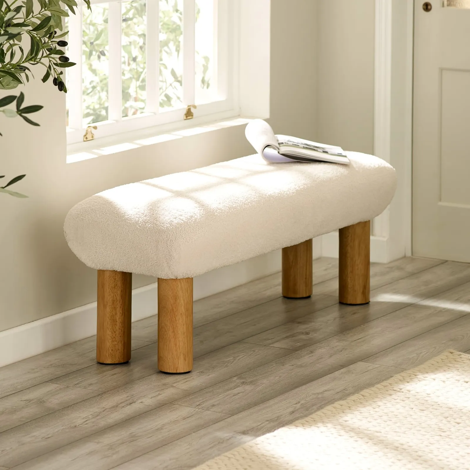 Freya - Low Bench - White - Boucle Fabric - Happy Beds