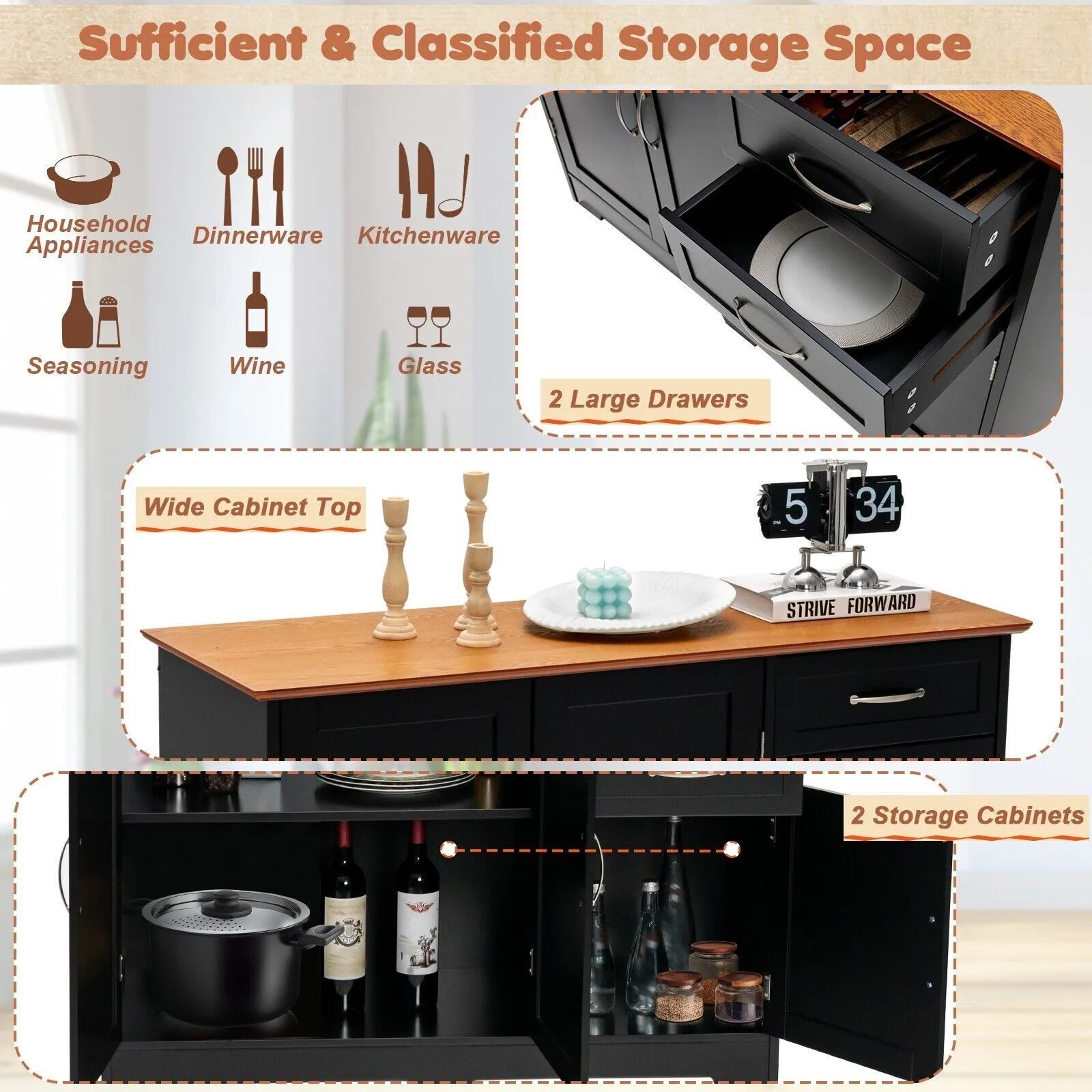 Costway Buffet Cabinet Kitchen Modern Storage Cabinet with Adjustable Shelf in Black 6