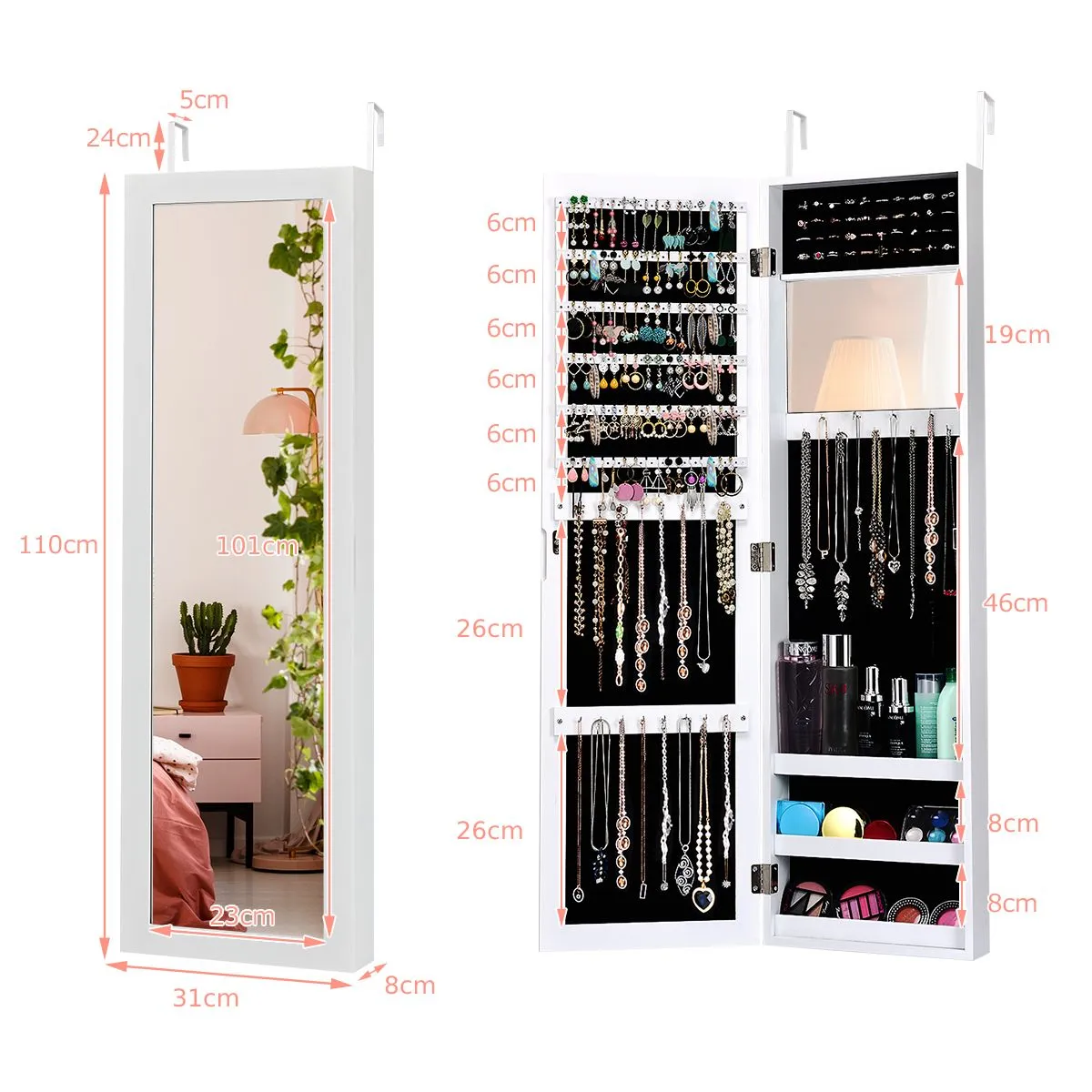 Costway Mirrored Jewelry Cabinet Wall Mounted/Door Hanging Jewelry Armoire w/ Full-Length Mirror in White 2