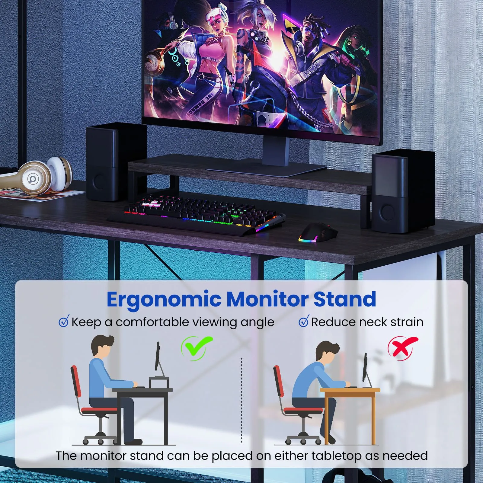 Costway L-Shaped Gaming Desk Reversible Corner Computer Desk w/LED Strip in Grey 3