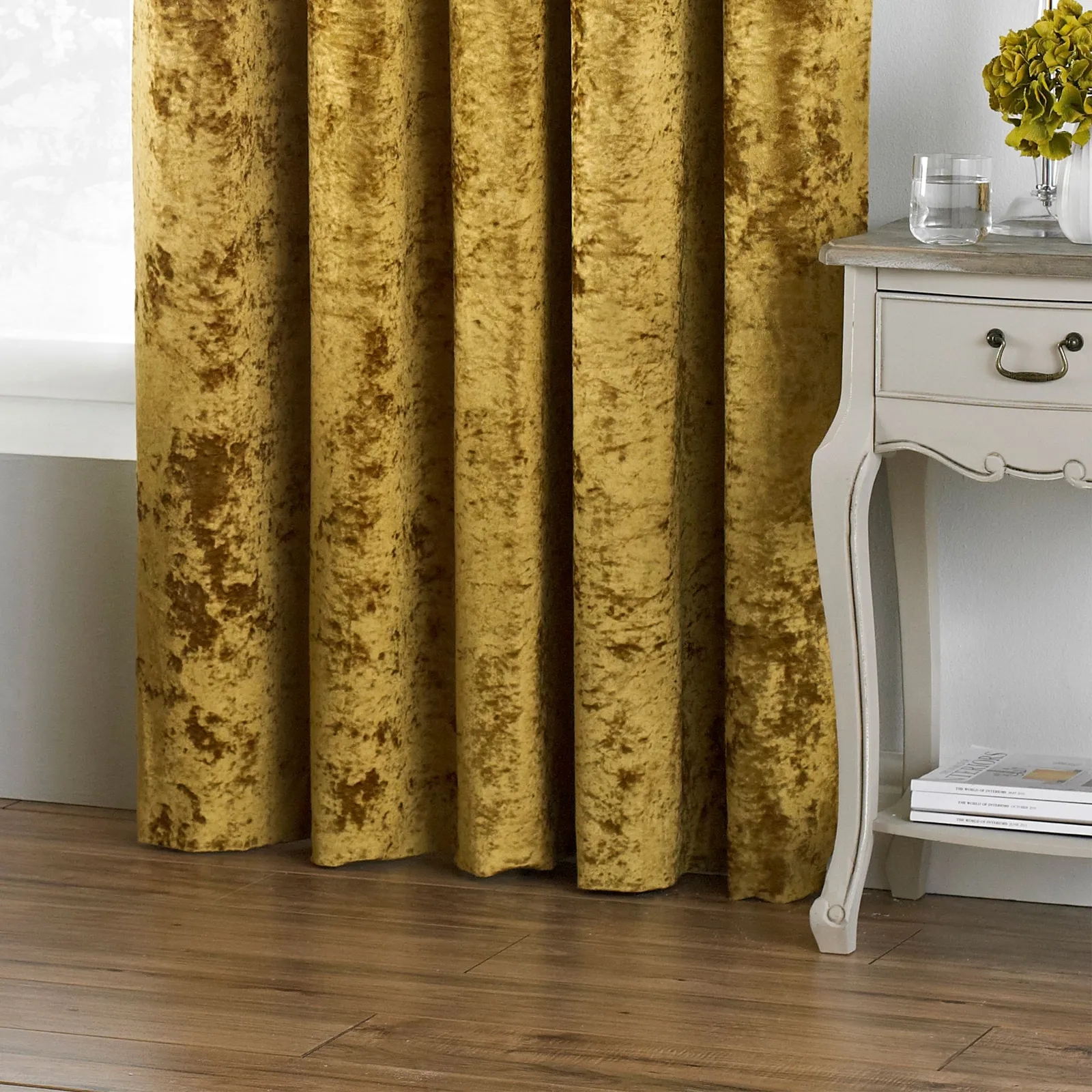 Paoletti Verona Crushed Velvet Eyelet Curtains in Yellow 3