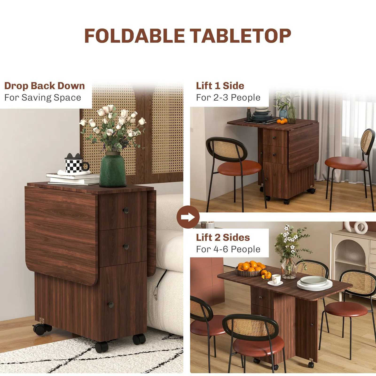 HOMCOM Folding Dining Table for 4-6 Drop Leaf Table on Wheels Brown 5