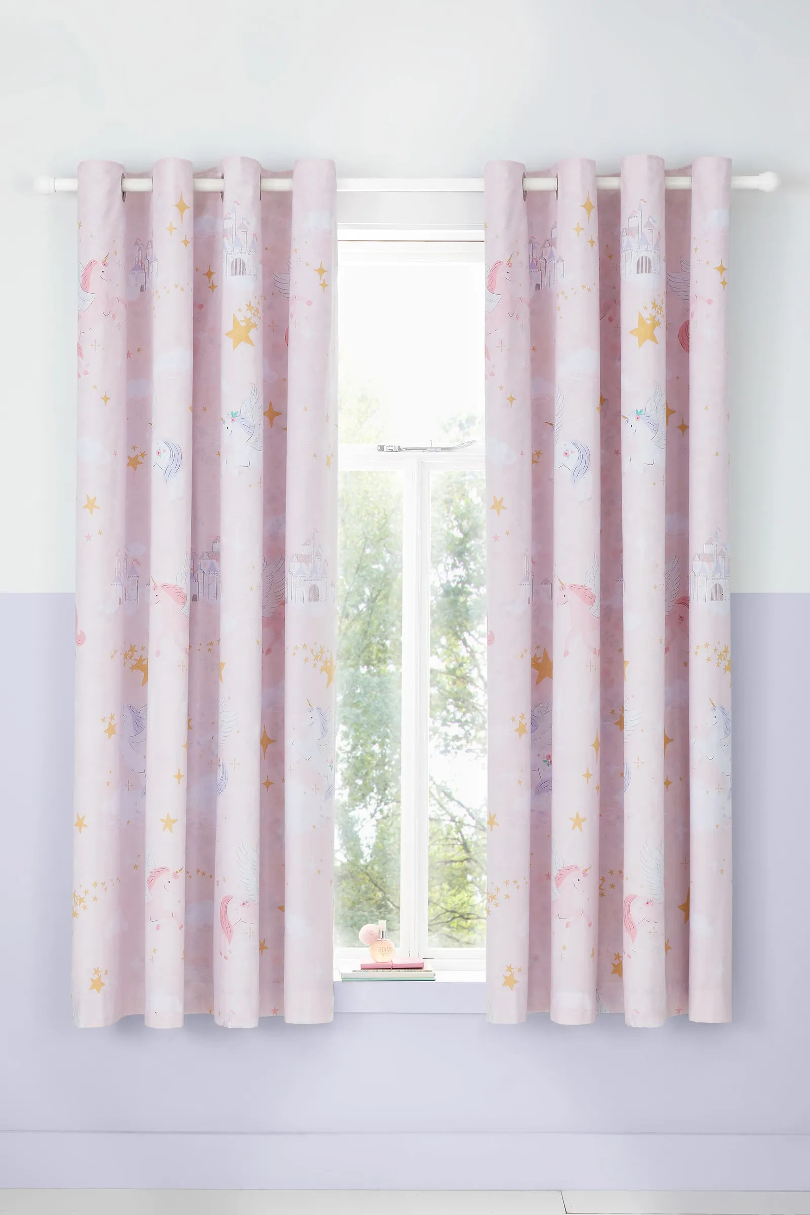 Catherine Lansfield Fairytale Unicorn Reversible Lined Eyelet Curtains in Pink