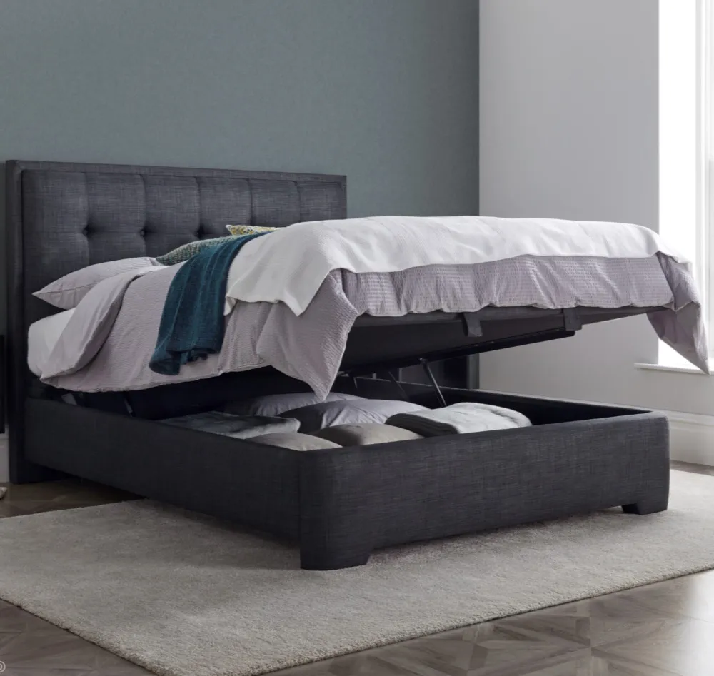 Falstone Slate Grey Fabric Ottoman Storage Bed Frame - 6ft Super King Size
