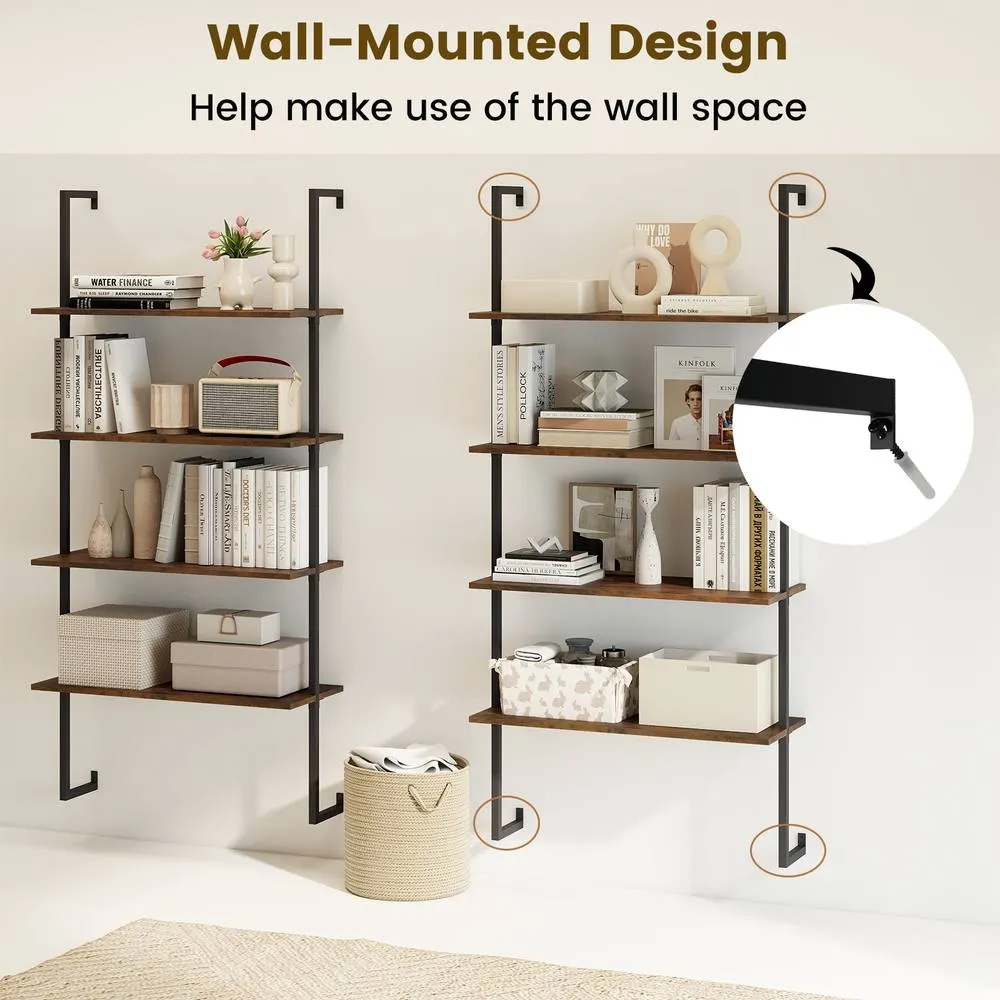 Costway 4-Tier Wall-Mounted Bookshelf Floating Display Shelves Wooden Bookcase in Brown 5